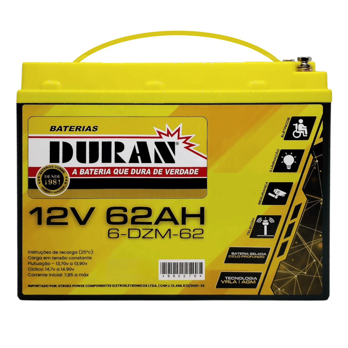 Bateria Selada VRLA de Cadeira de Rodas 12V 62AH Duran