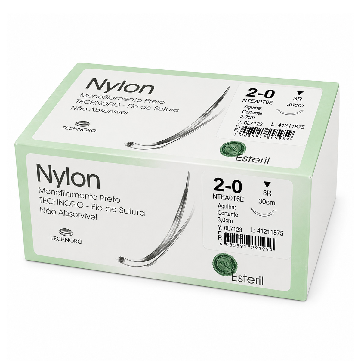 Fio de Sutura Nylon 2-0 30cm C/ Agulha 3/8 20mm 24und Technofio