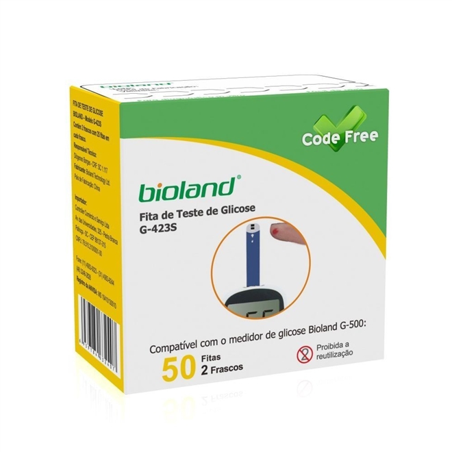 Tiras De Glicose Bioland 50 unindades G-423S Code Free