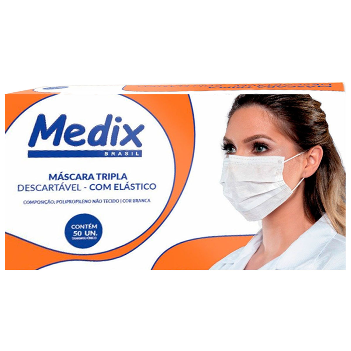 Máscara Descartável Tripla com Elástico Medix Branca 50UN