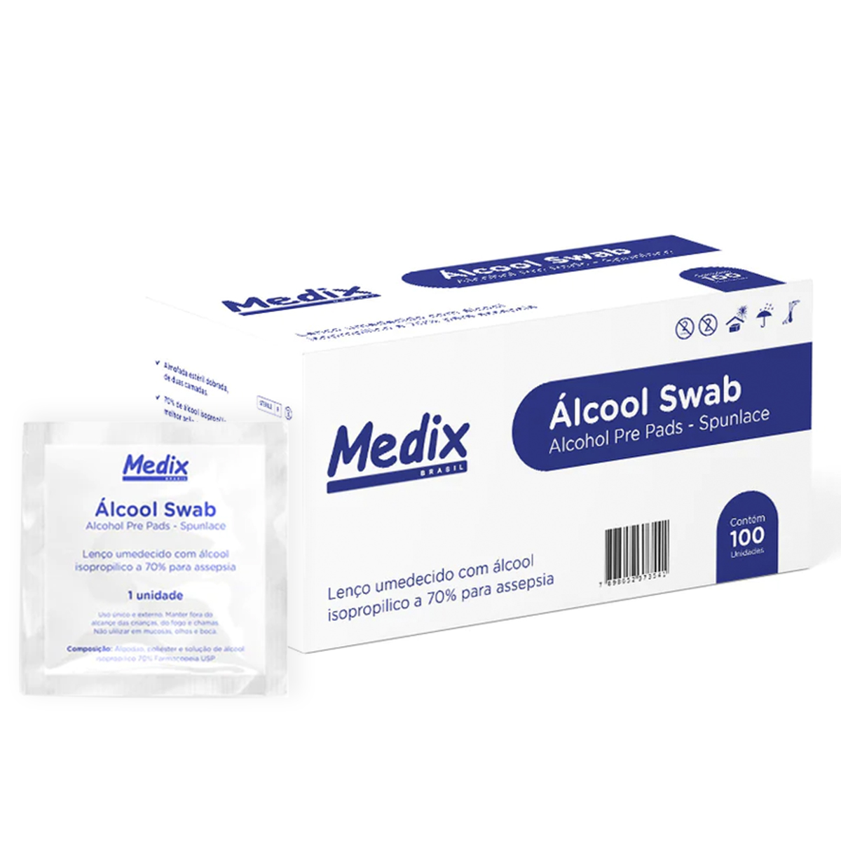 Lenço Umedecido Swabs Álcool Para Assepsia Medix 100un