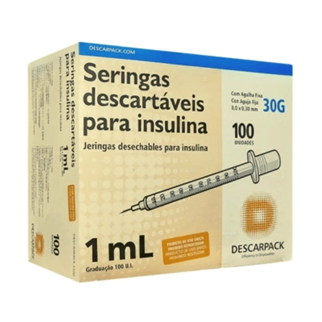 Seringa de Insulina Descarpack 1ml Agulha 8x0,3mm 100 Unidades