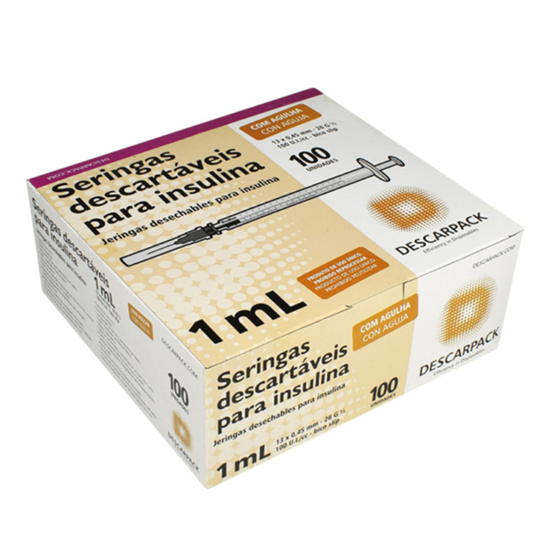 Seringa de Insulina Descarpack 1ml Agulha 13x0,45mm 100 Unidades