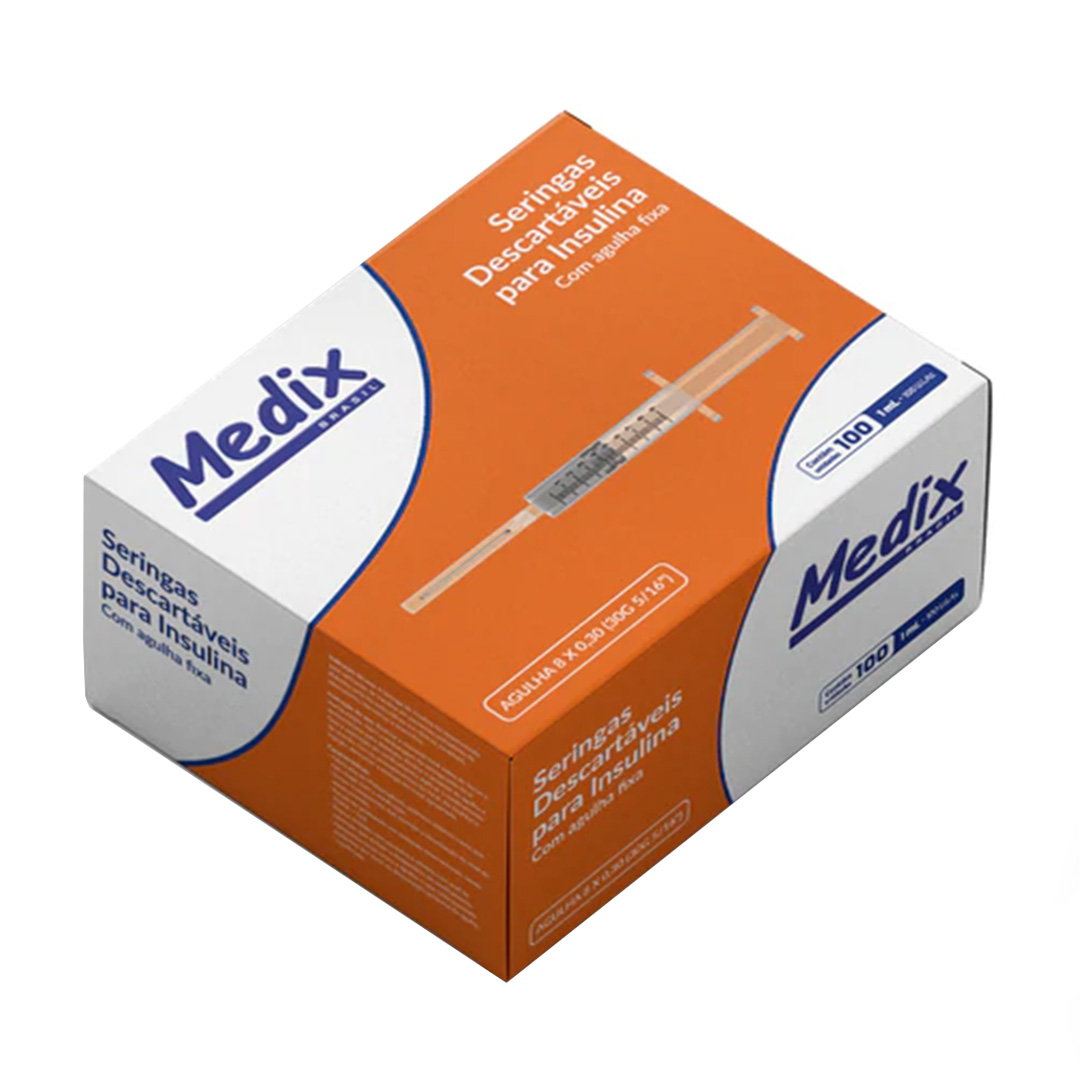 Seringa de Insulina 1ml Agulha 8x0,3mm Medix 100 Unidades