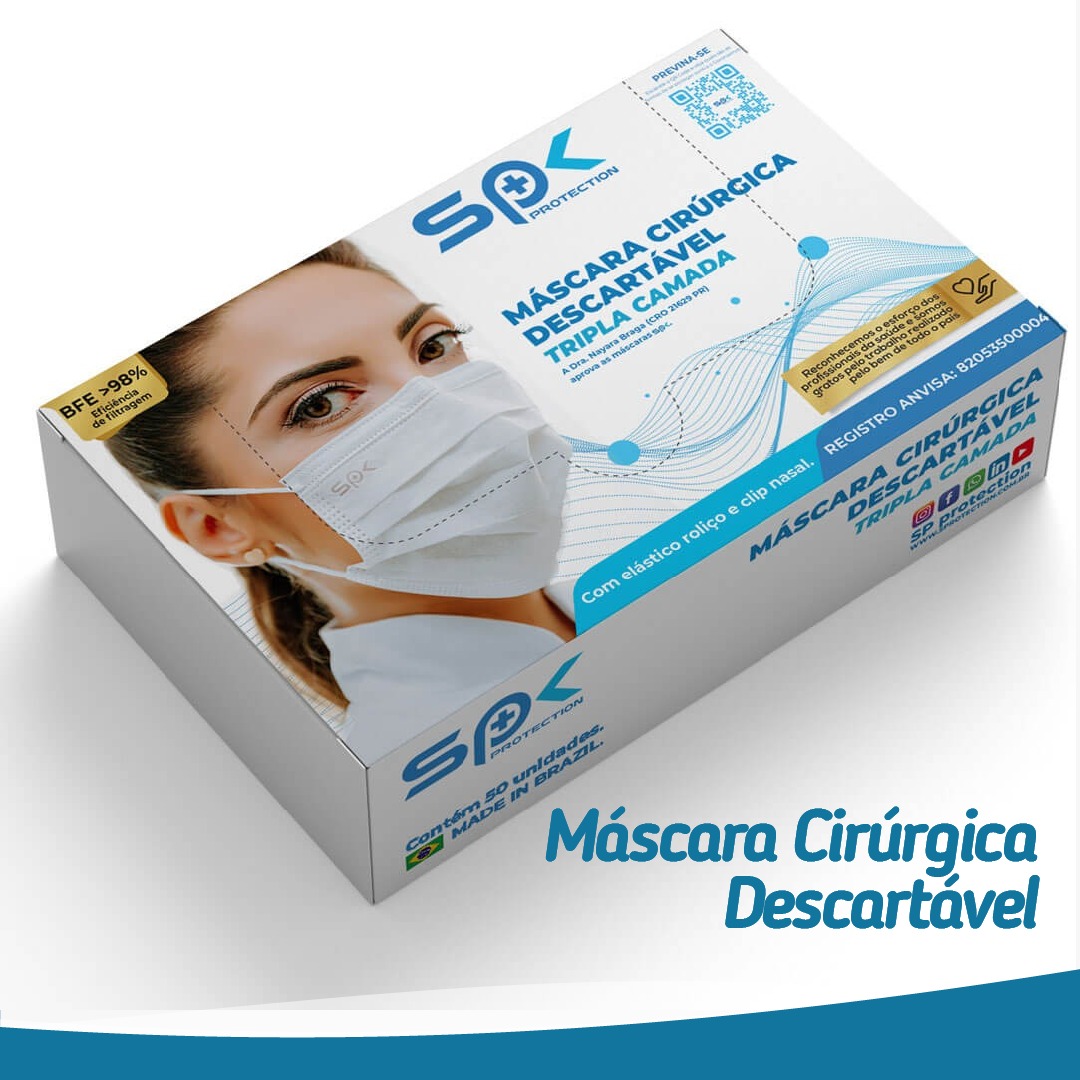 Máscara Descartável Tripla Clip Nasal SPK Branca 250un