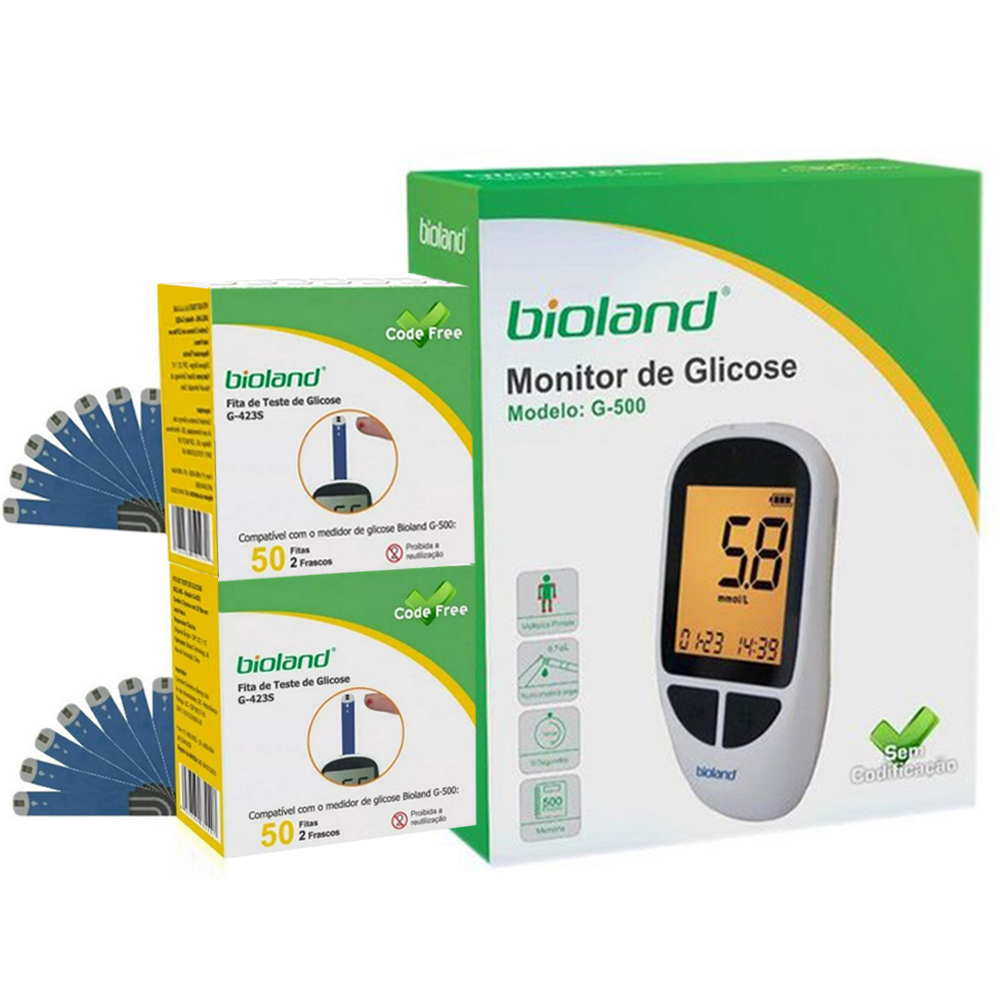Kit Medidor de Glicose Bioland Cabo USB 125 Tiras de Teste