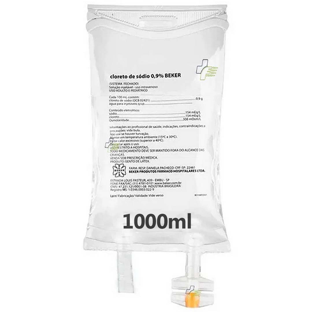 Soro Fisiológico Cloreto de Sódio 0,9% Bolsa 1000ML Beker