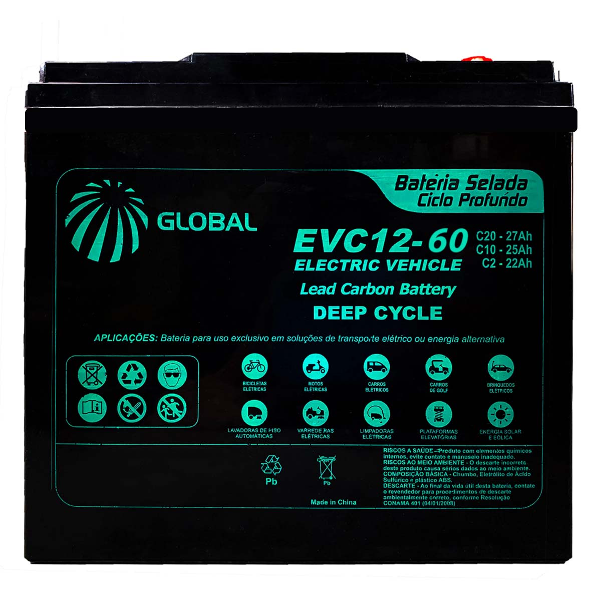 Bateria EV12-60 Gel Selada para Cadeira de Rodas Motorizada Global 12V 60Ah
