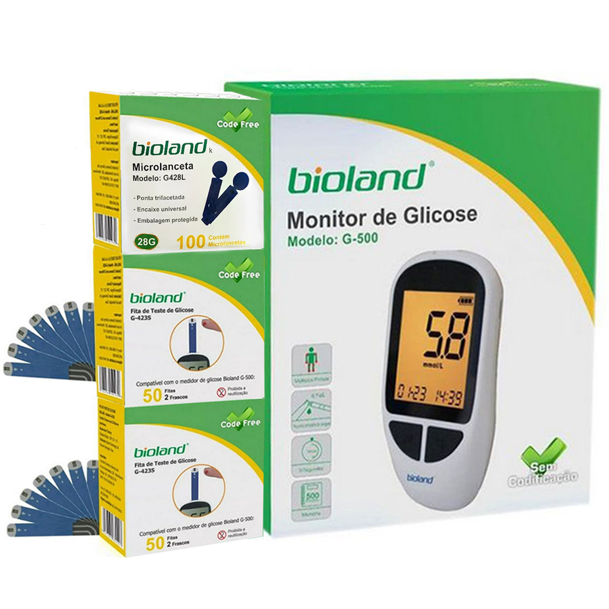 Kit Medidor de Glicose Bioland Cabo USB 125 Lancetas e 100 Fitas de Teste