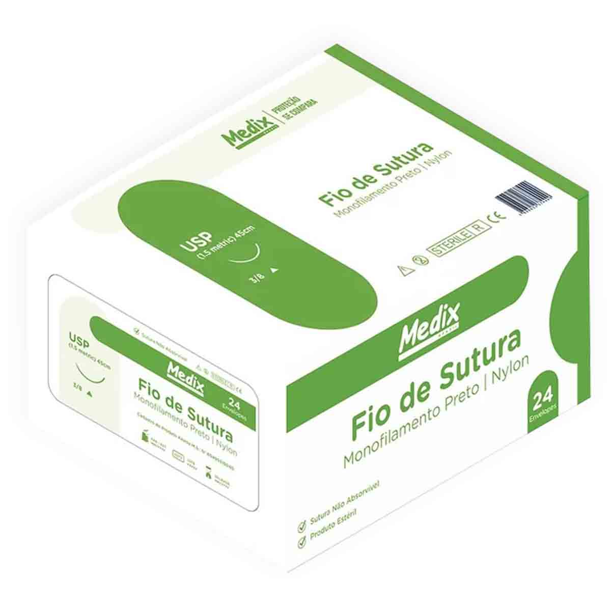 Fio de Sutura Nylon USP 3-0 45cm C/ Agulha 3/8 20mm 24Und Medix