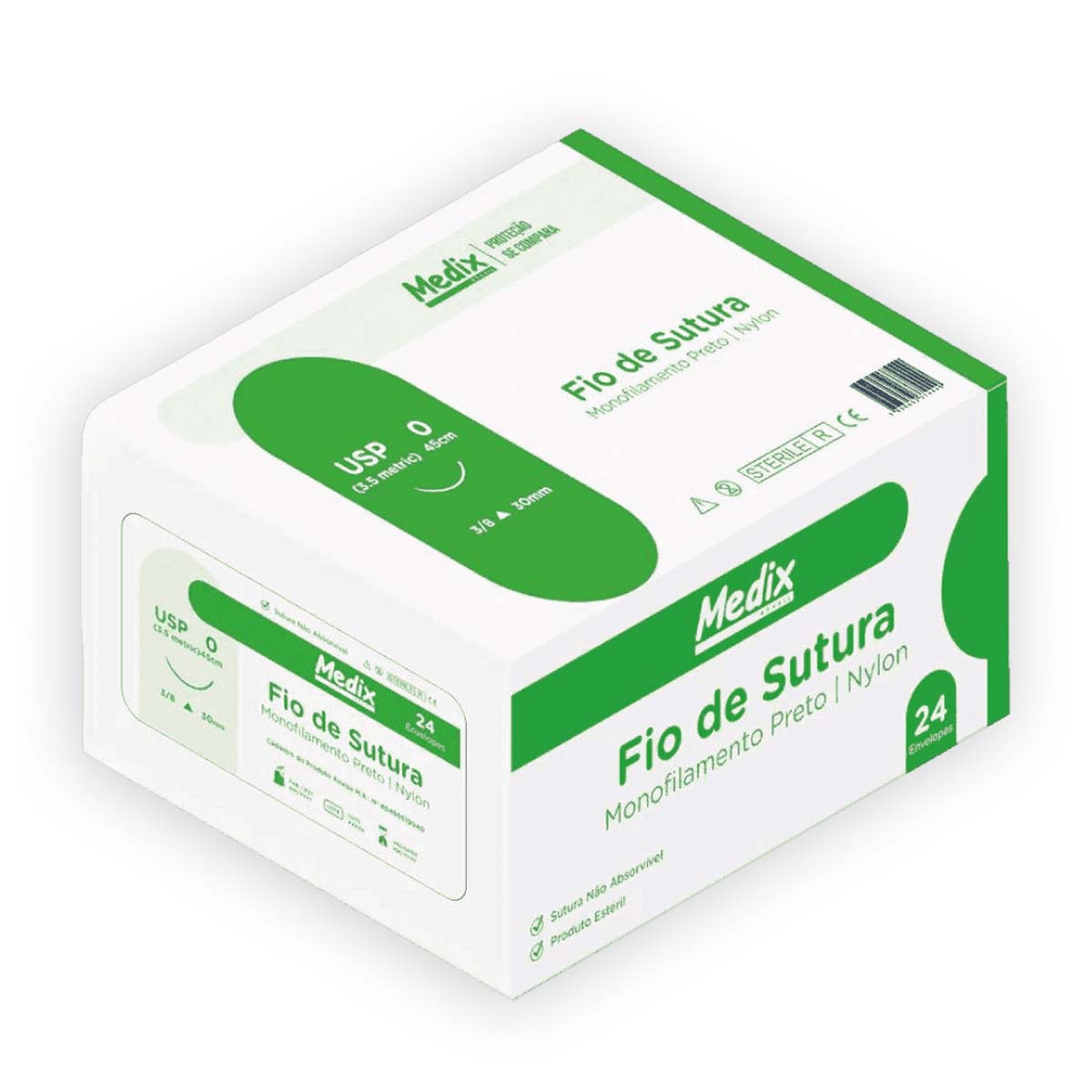 Fio de Sutura Nylon USP 2-0 45cm C/ Agulha 3/8 30mm 24Und Medix