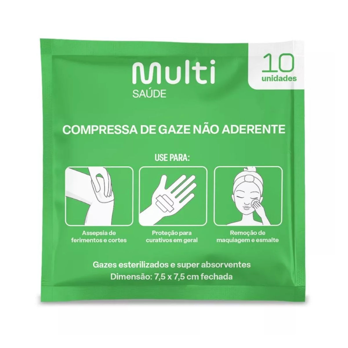 Compressa de Gaze Não Aderente 7,5x7,5cm 10 pacotes com 10 Gaze cada.