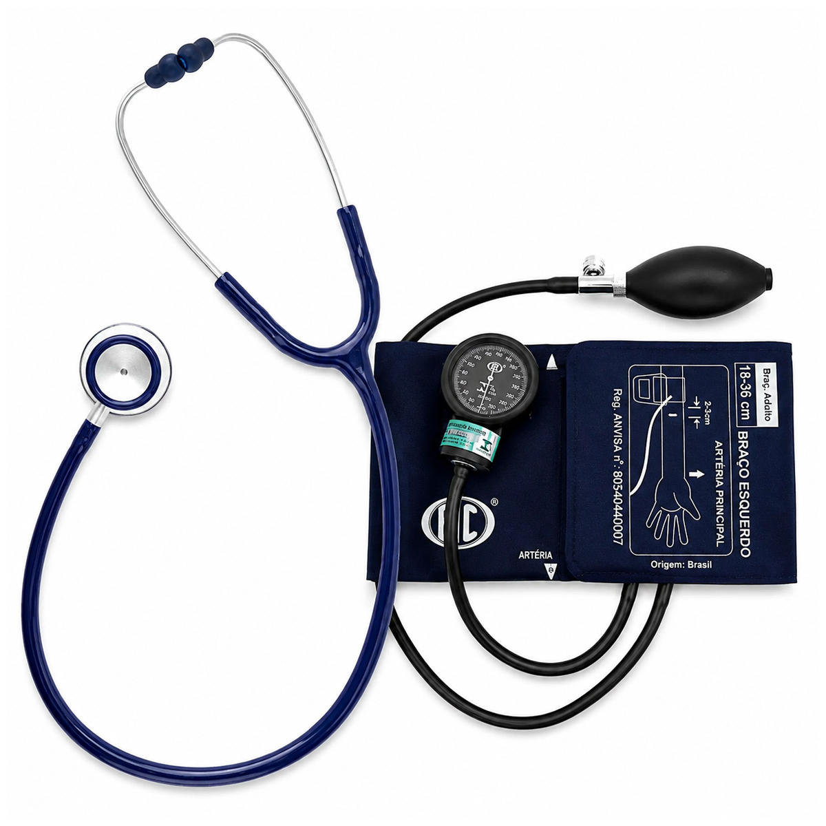 Esfigmomanômetro Bic Adulto Nylon Velcro e Estetoscópio Duplo Inox Azul New Innova Plus