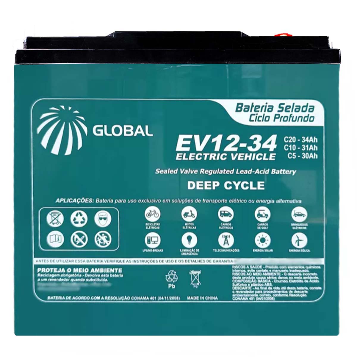 Bateria EVC12-34 Selada para Cadeira de Rodas Motorizada Global 12V 34Ah