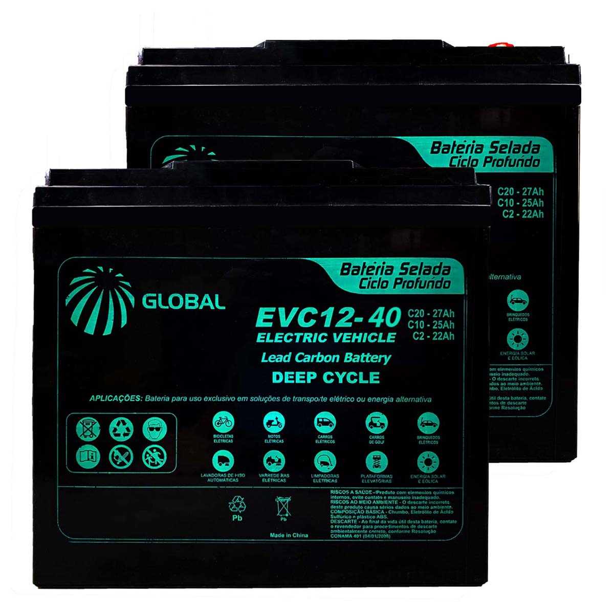 Par de Bateria Selada 12V 40Ah para Cadeira de Rodas Motorizada Global
