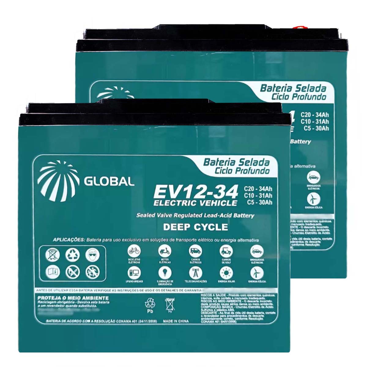 Par de Bateria Selada 12V 34Ah para Cadeira de Rodas Motorizada Global