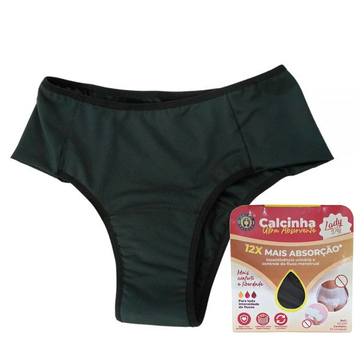 Calcinha Ultra Absorvente Reutilizável Lady Dry Preta Ortho Pauher