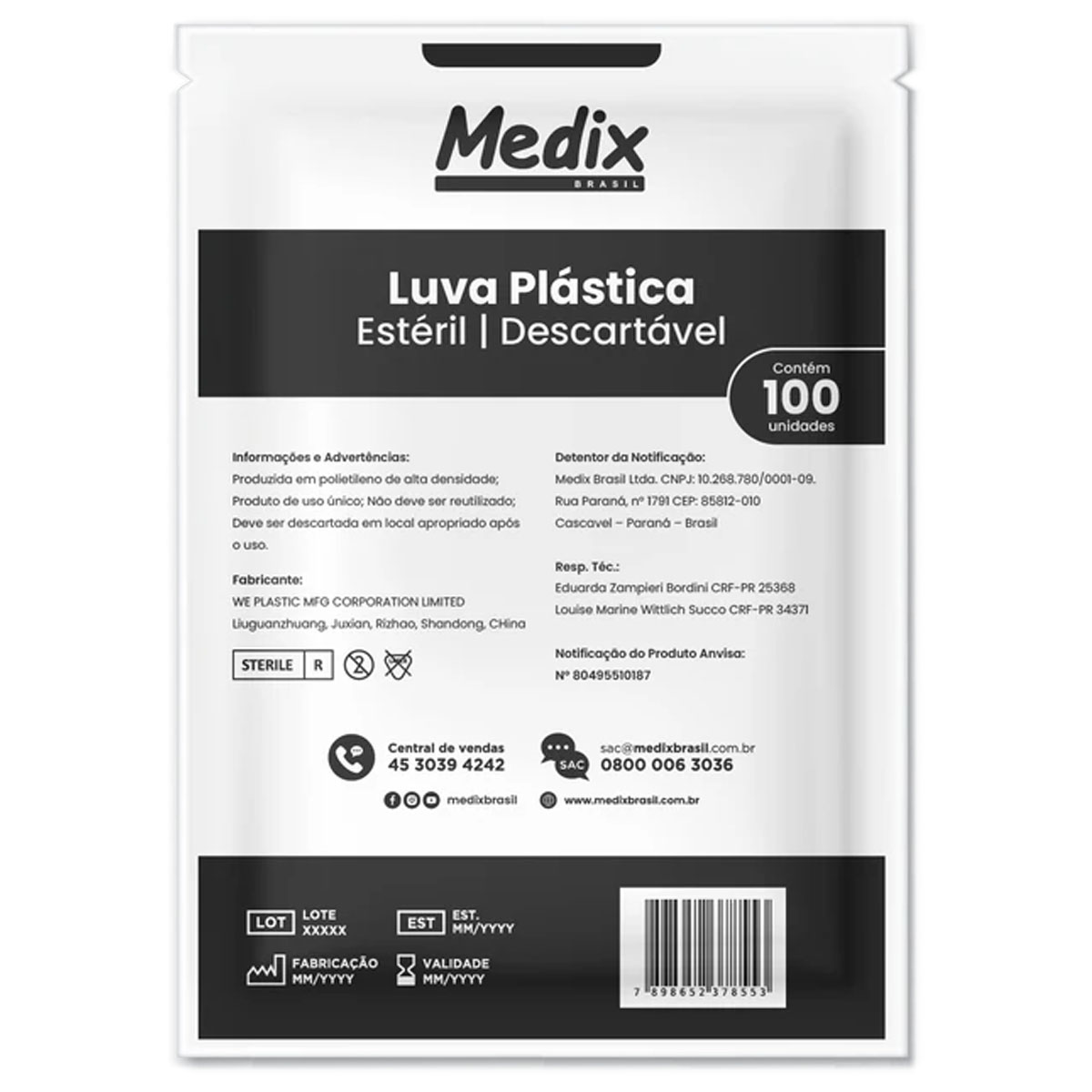 Luva Plástica Estéril Embalada Individualmente Medix 100und