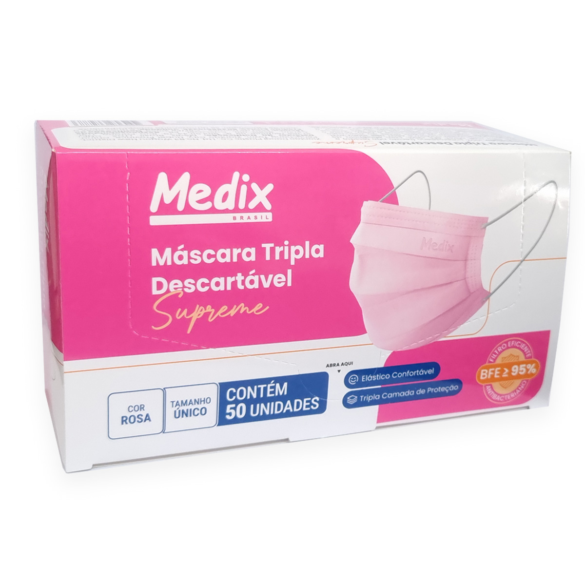 Máscara Descartável Tripla com Elástico Medix Rosa 50UN