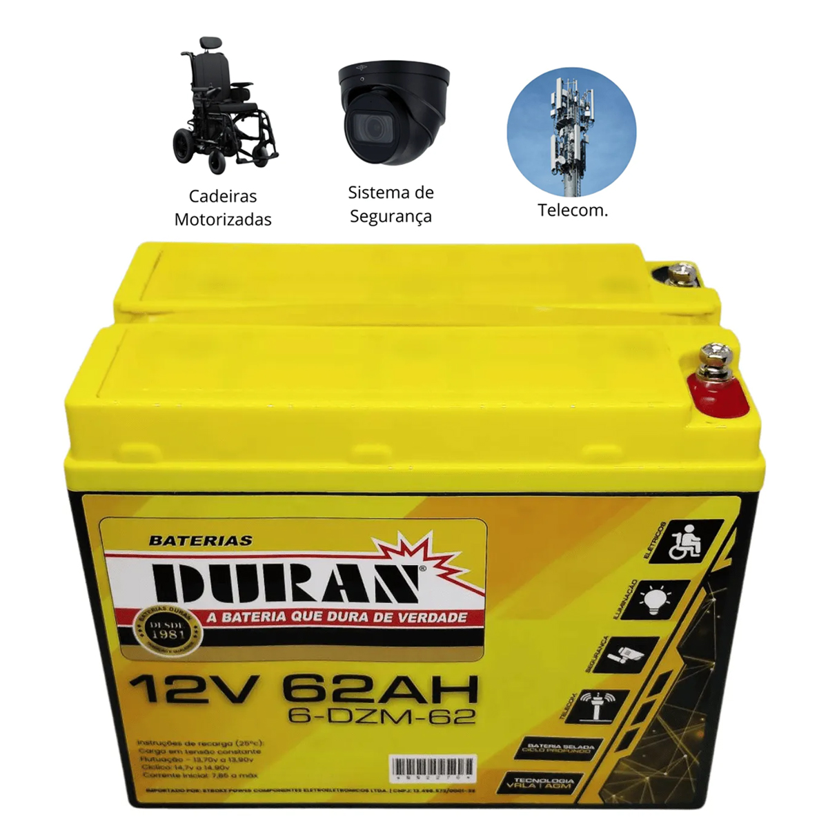 Bateria Selada VRLA de Cadeira de Rodas 12V 62AH Duran