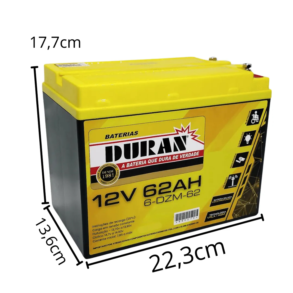 Bateria Selada VRLA de Cadeira de Rodas 12V 62AH Duran