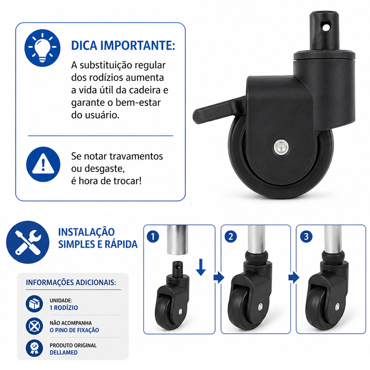 Rodízio para Cadeira de Banho D30 D40 D45 D50 Preto Dellamed
