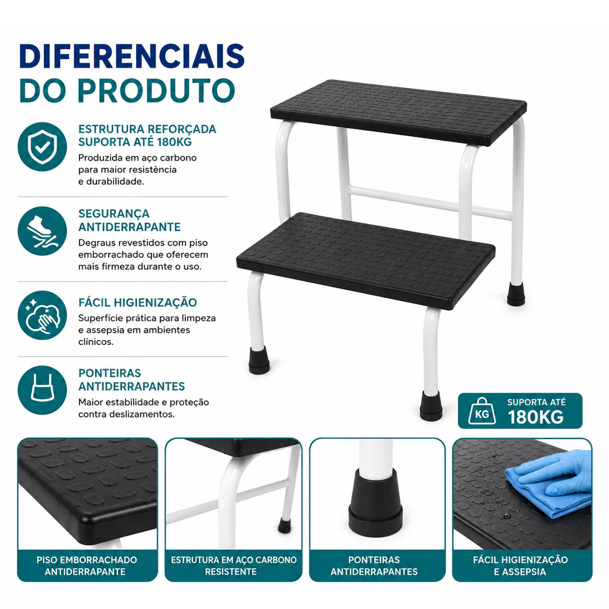 Escada Hospitalar 2 Degraus Antiderrapante 180kg Alo