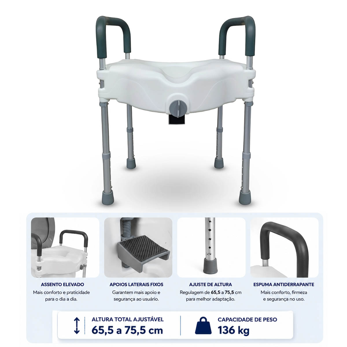 Assento Sanitario Elevado com Barras Laterais de Apoio Longevitech