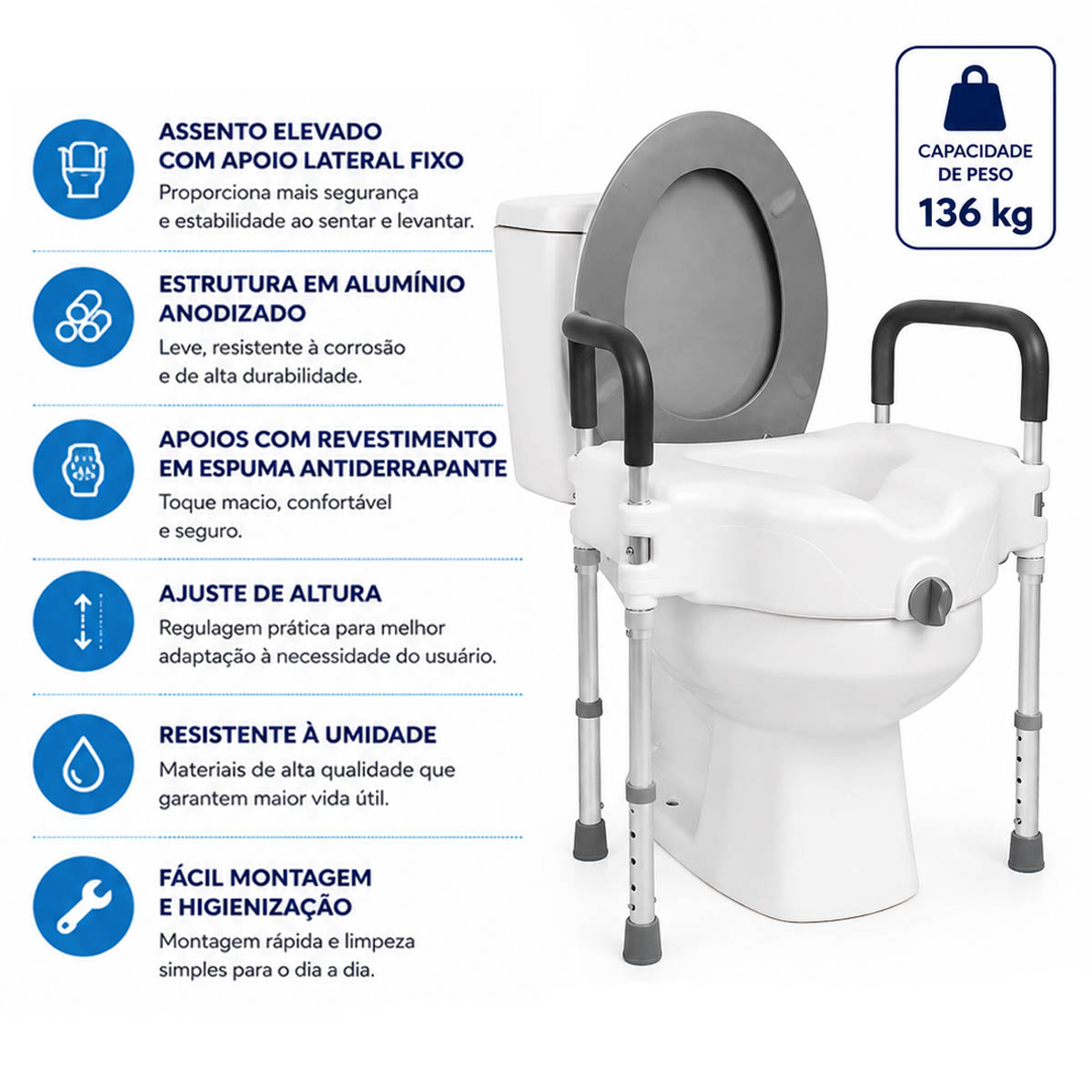 Assento Sanitario Elevado com Barras Laterais de Apoio Longevitech