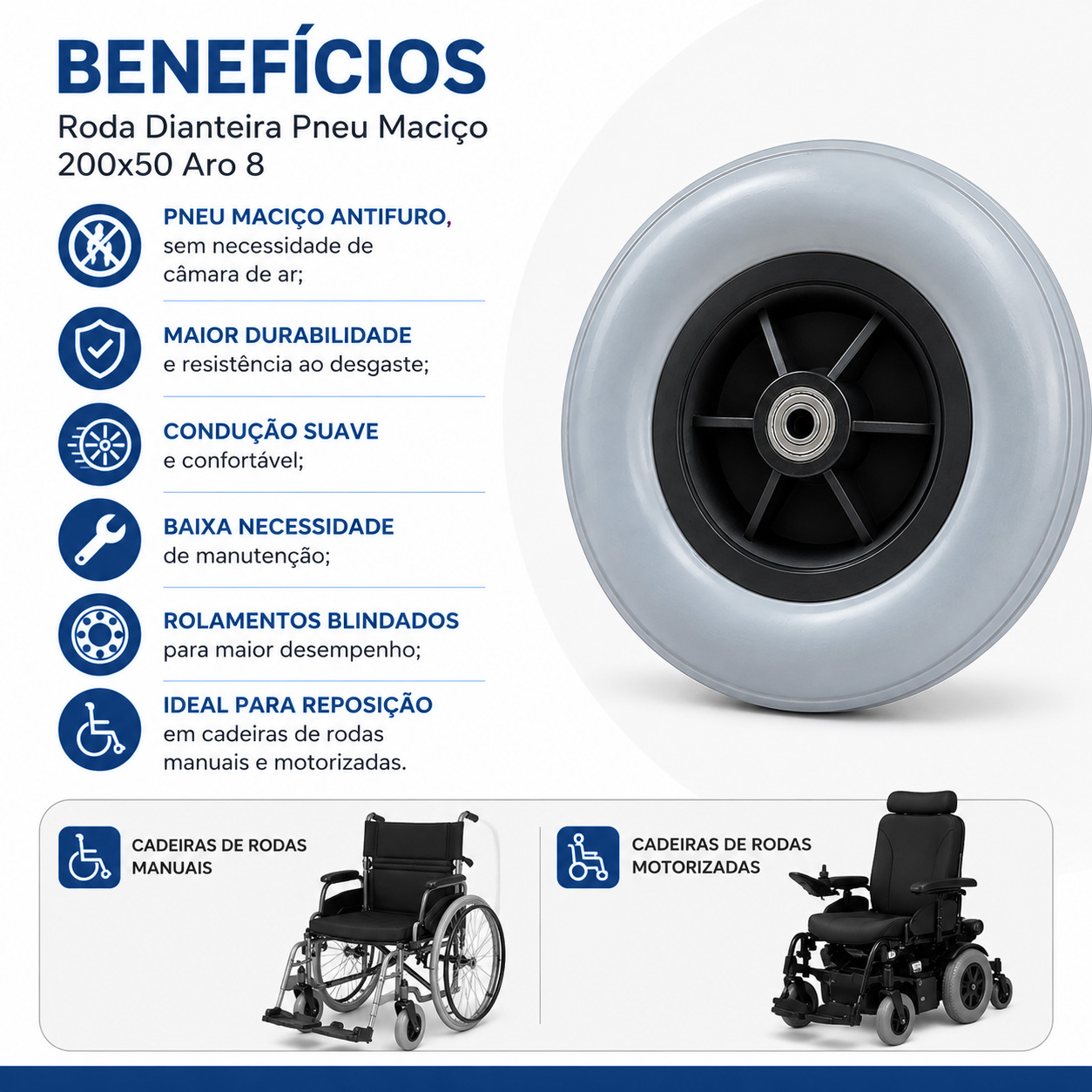 Roda Dianteira Pneu Maciço 200x50 Aro 8 para Cadeira De Rodas Und