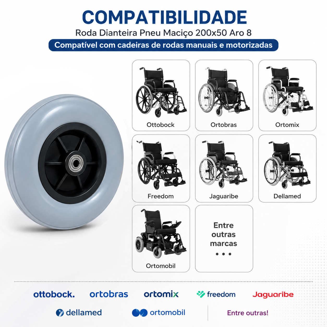 Roda Dianteira Pneu Maciço 200x50 Aro 8 para Cadeira De Rodas Par