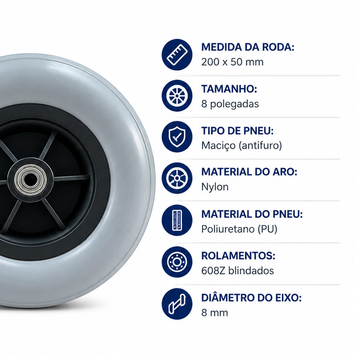 Roda Dianteira Pneu Maciço 200x50 Aro 8 para Cadeira De Rodas Par