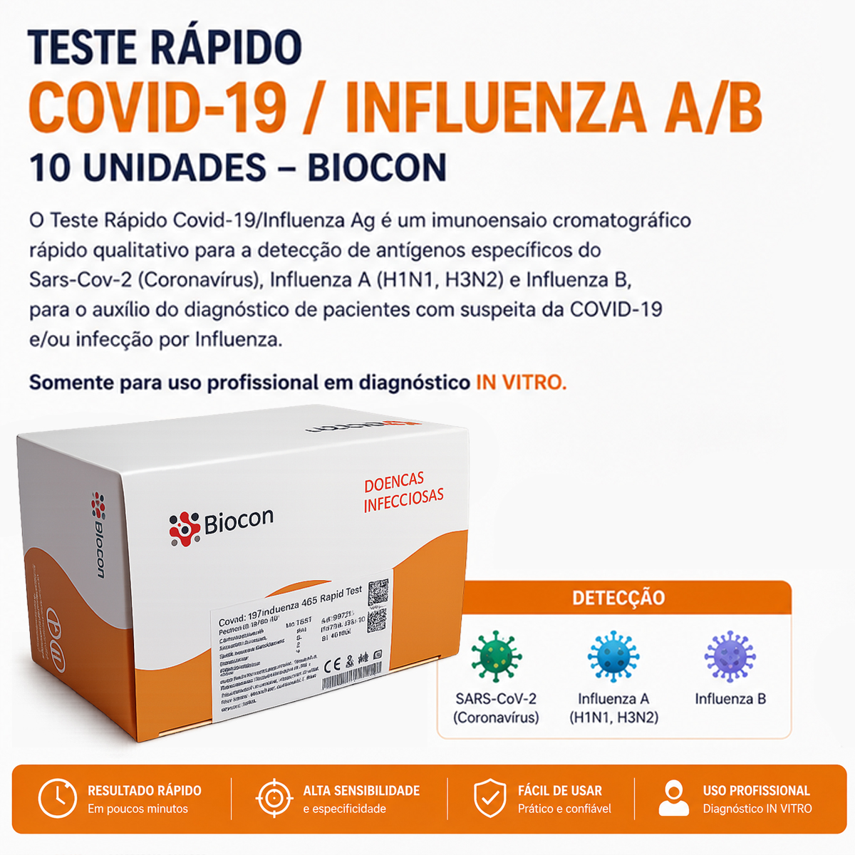Teste Rápido Covid-19 Influenza A/B Biocon Caixa com 10 Testes
