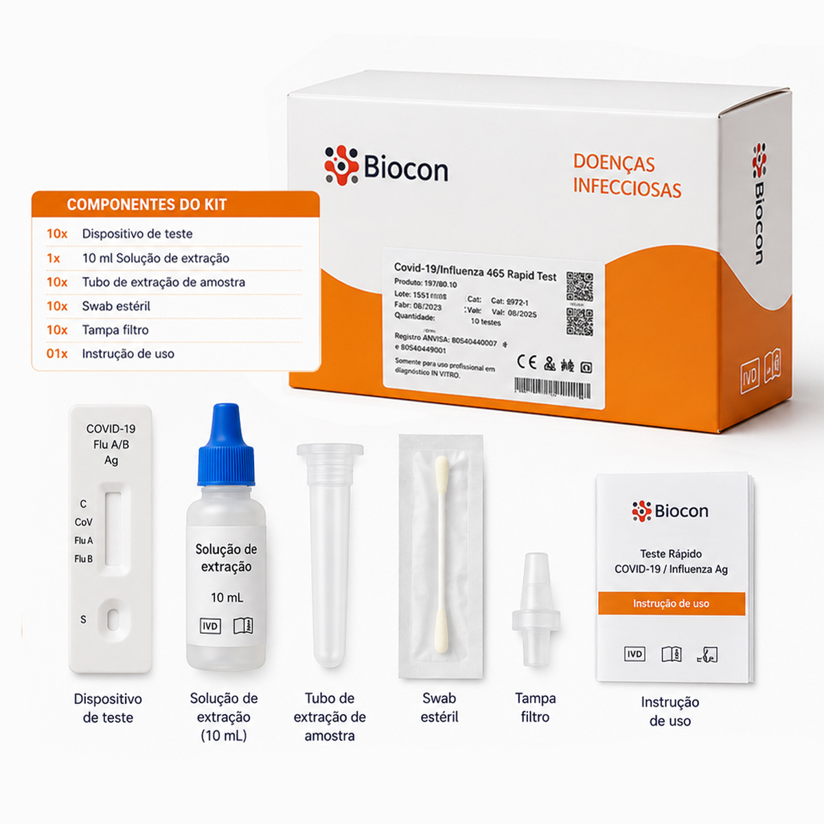 Teste Rápido Covid-19 Influenza A/B Biocon Caixa com 10 Testes