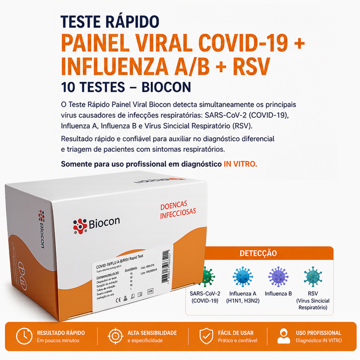 Teste Rápido Covid-19 Influenza A/B RSV Biocon Caixa com 10 Testes