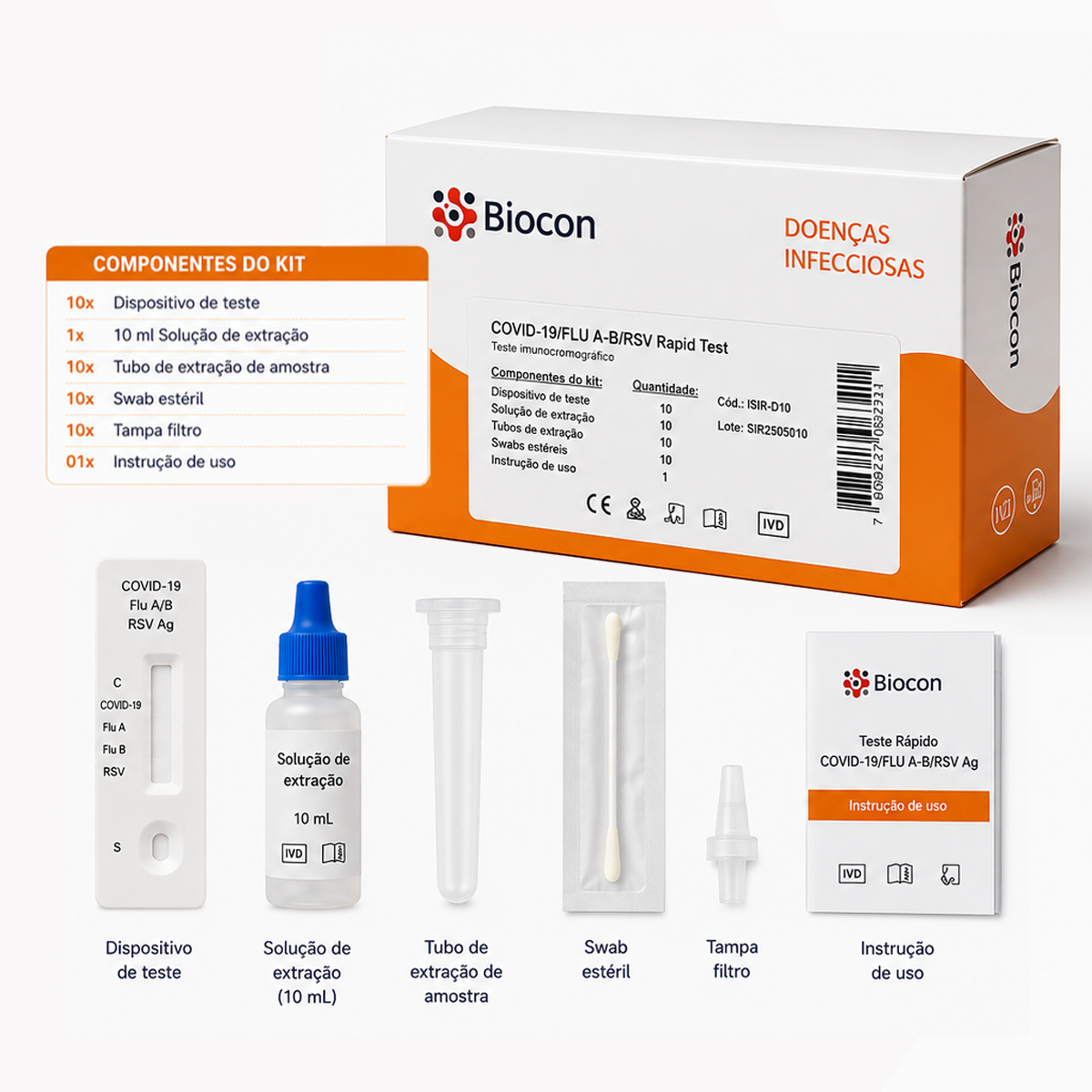 Teste Rápido Covid-19 Influenza A/B RSV Biocon Caixa com 10 Testes