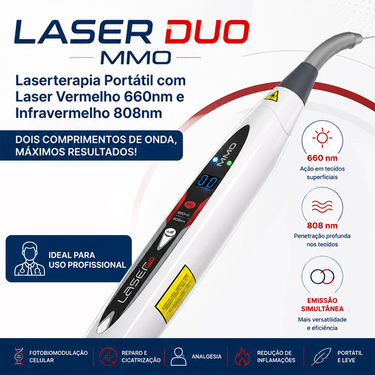 Laser Duo Laserterapia Portátil 660nm e 808nm MMO