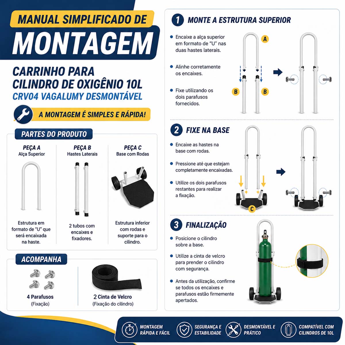 Carrinho para Cilindro de Oxigênio 10L CRV04 Vagalumy Desmontável
