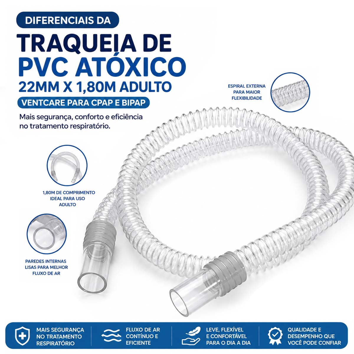 Traqueia de PVC Atóxico 22mm x 1,80m Adulto VentCare para CPAP e BiPAP