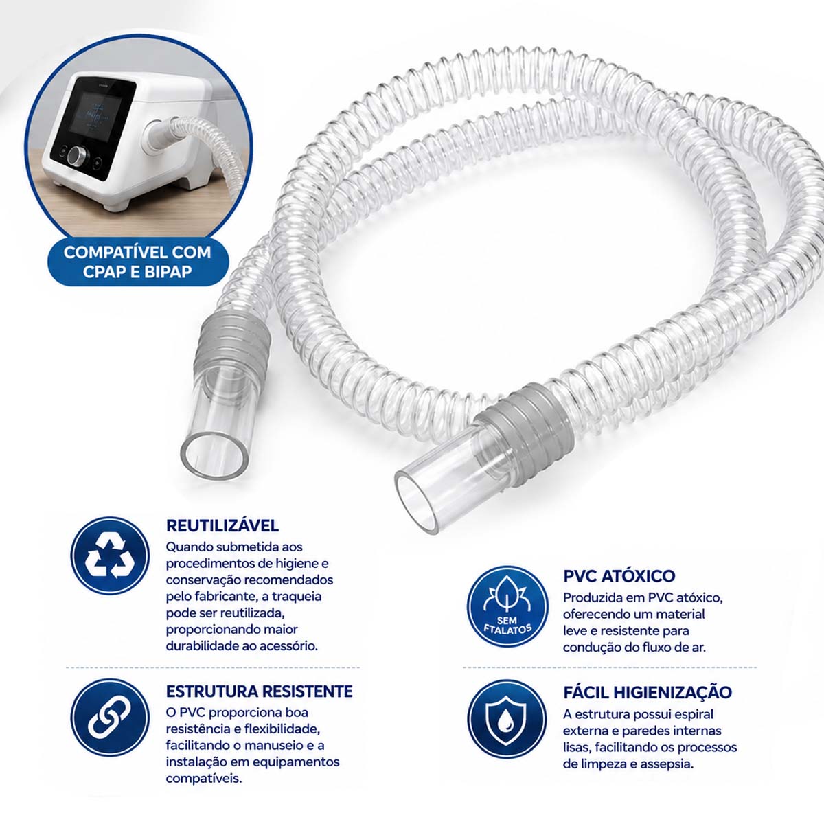 Traqueia de PVC Atóxico 22mm x 1,80m Adulto VentCare para CPAP e BiPAP