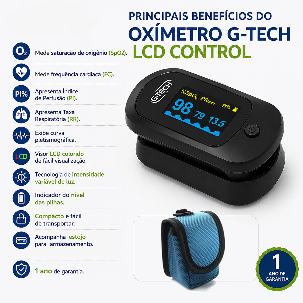 Oxímetro de Dedo Portatil G-tech LCD Control