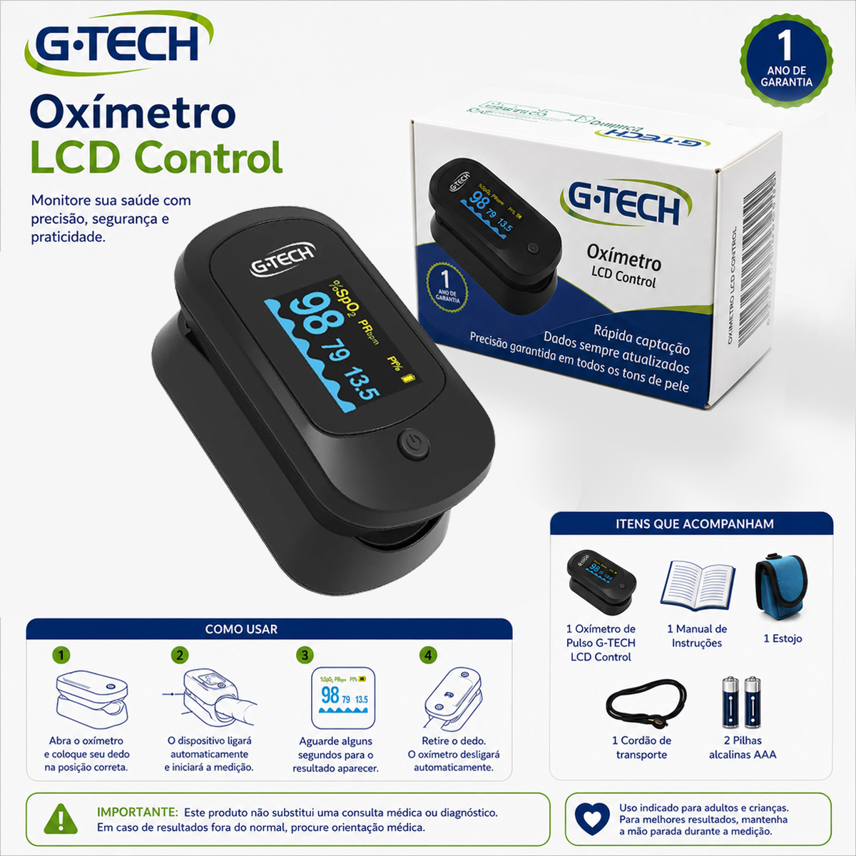 Oxímetro de Dedo Portatil G-tech LCD Control