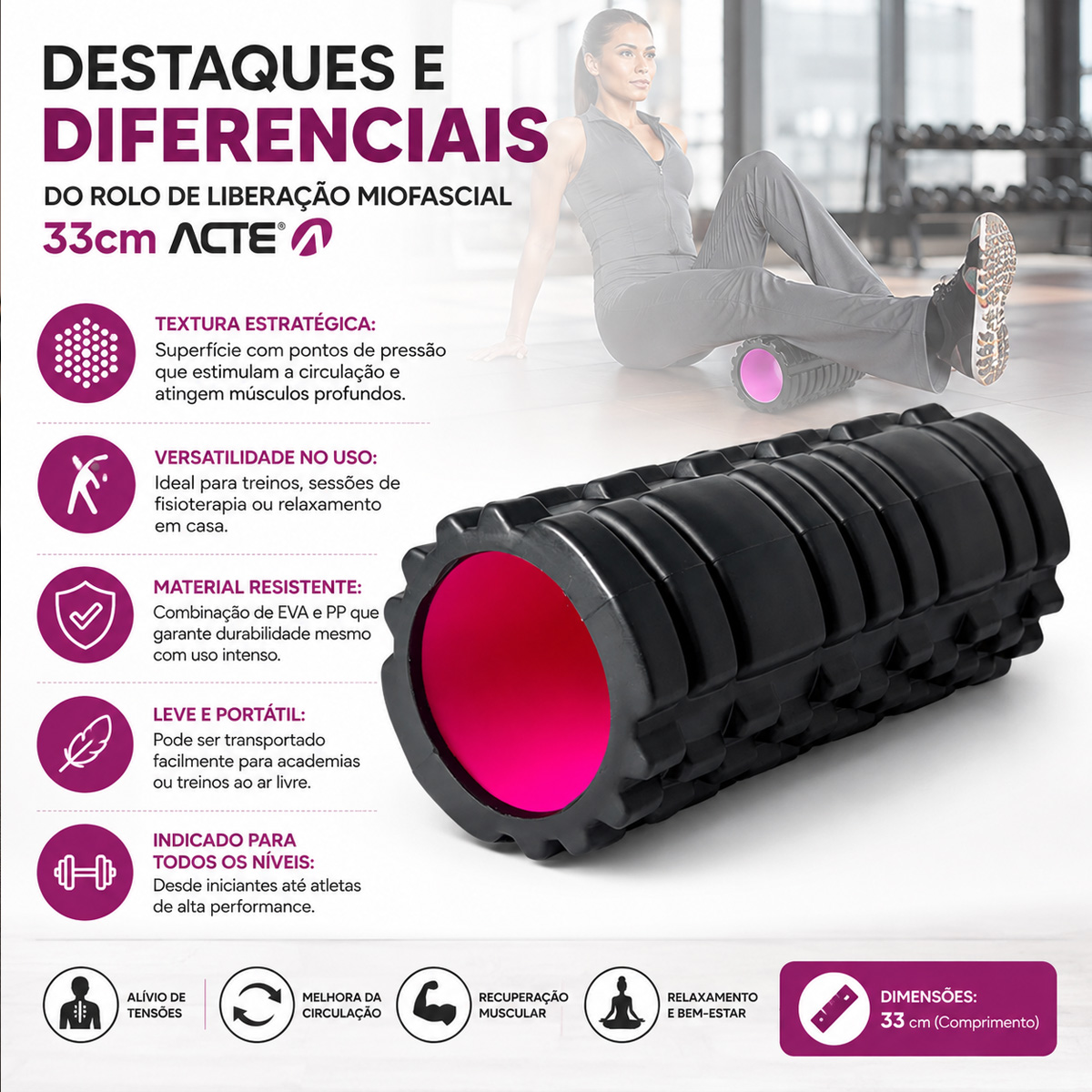 Rolo de Liberação Miofascial 33cm Acte Preto/Rosa