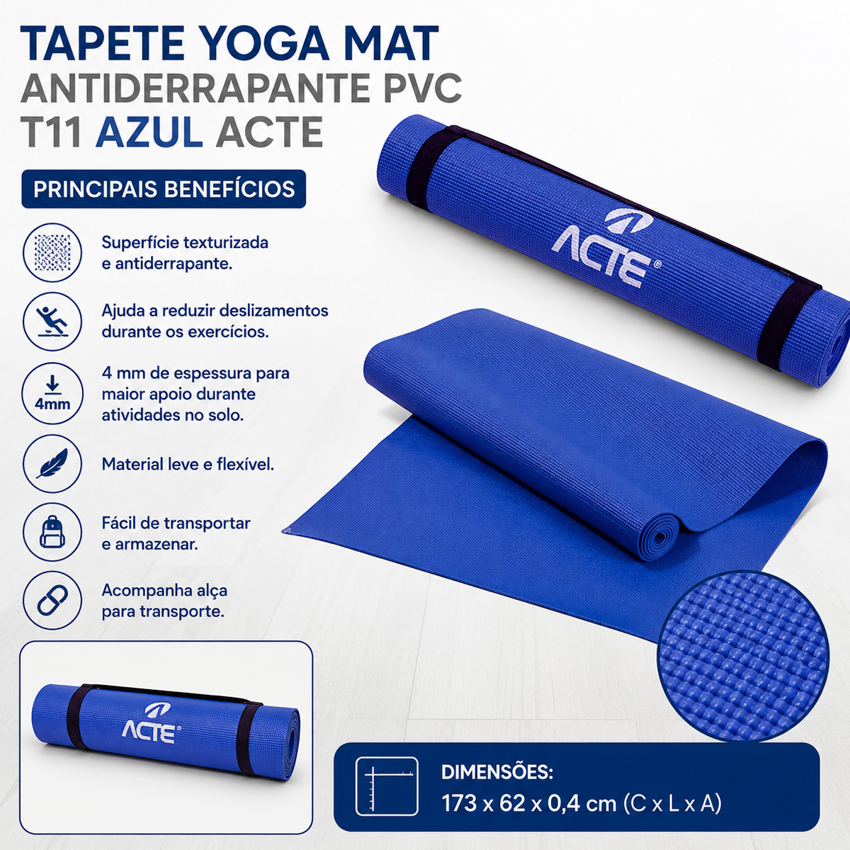 Tapete Yoga Mat Antiderrapante PVC T11 Azul Acte