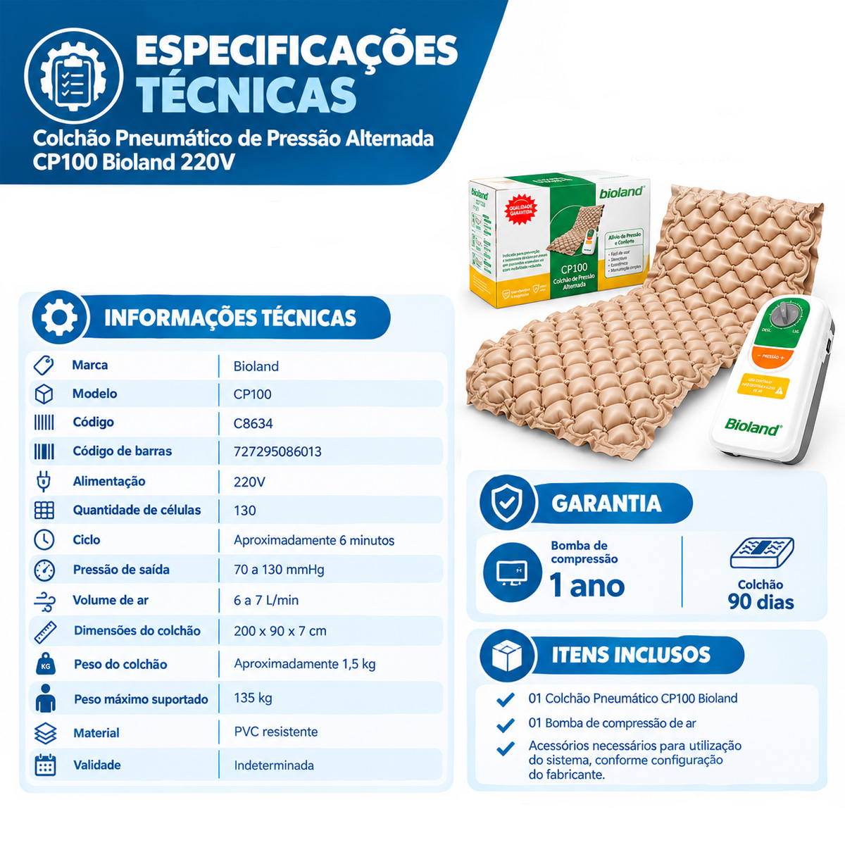 Colchão Pneumático de Pressão Alternada CP100 Bioland 220V