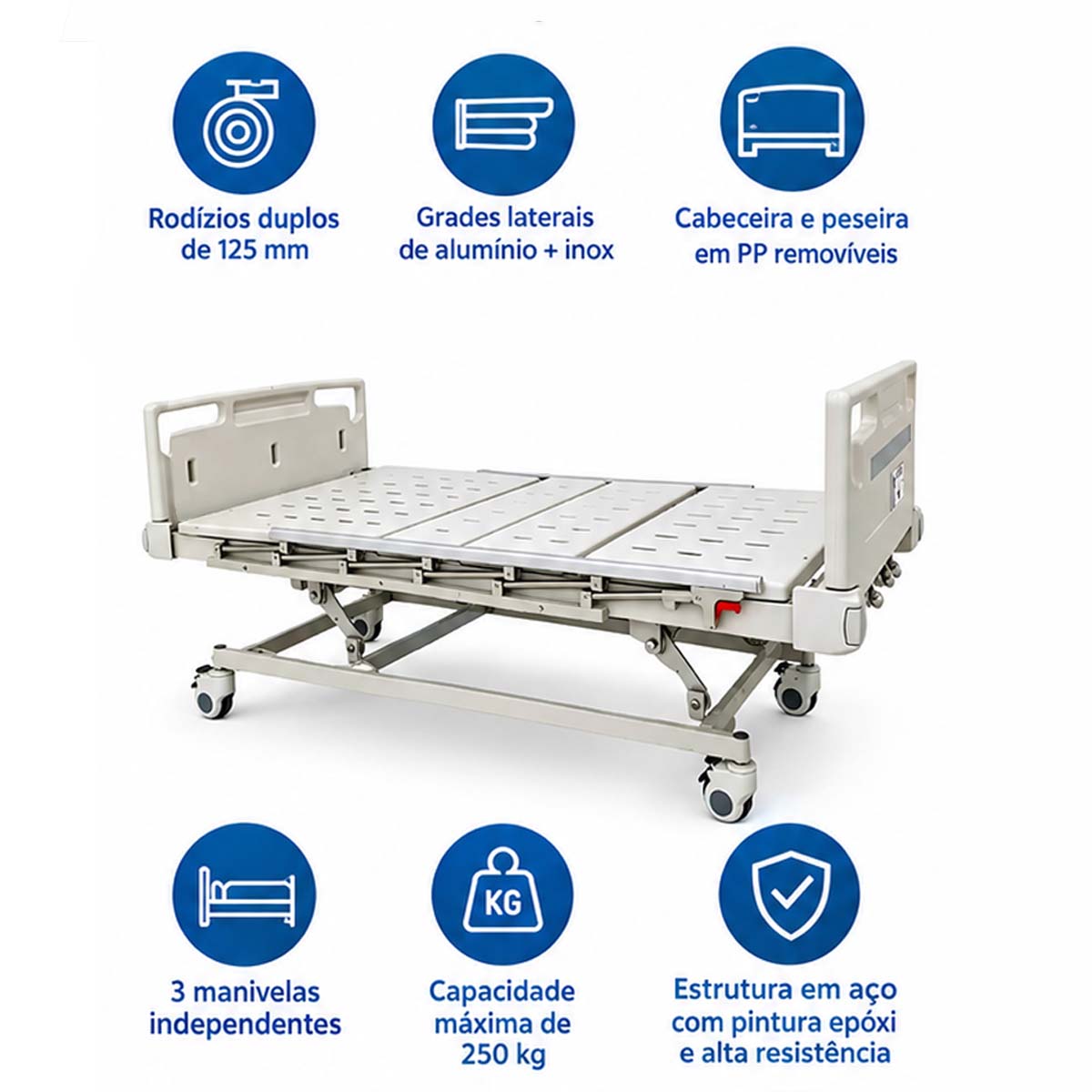 Cama Hospitalar de 3 Manivelas Supermedy Senior Care 250kg