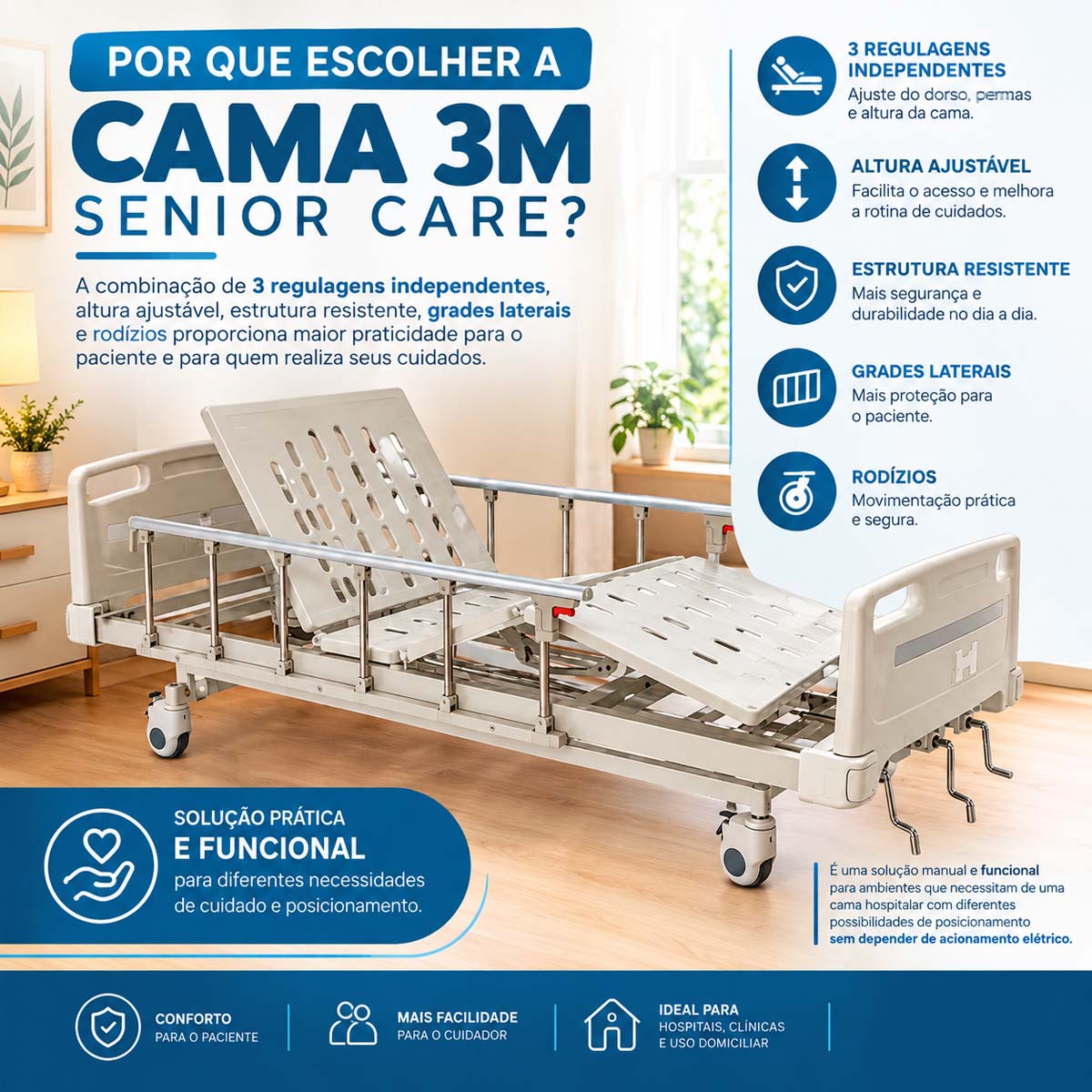 Cama Hospitalar de 3 Manivelas Supermedy Senior Care 250kg