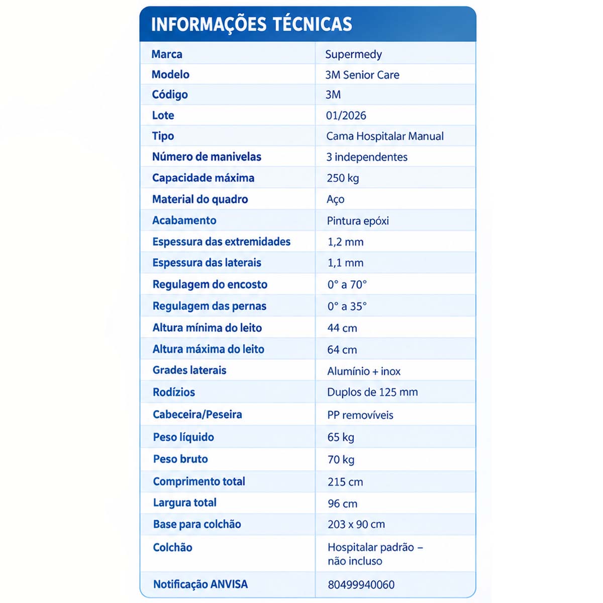 Cama Hospitalar de 3 Manivelas Supermedy Senior Care 250kg