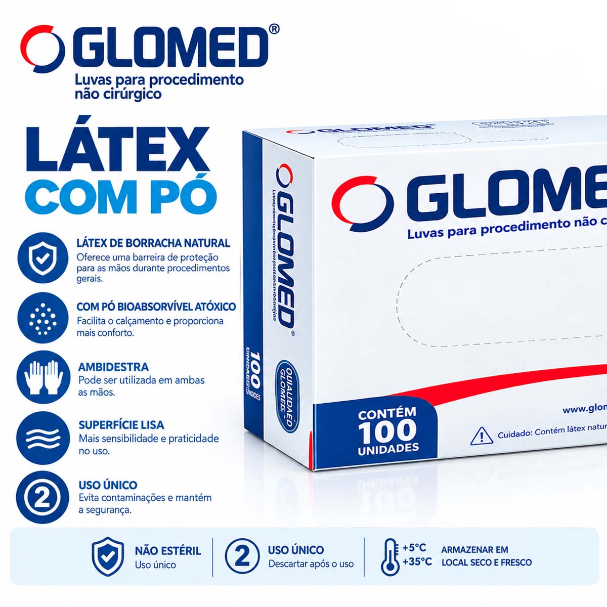 Luva Látex de Procedimento Não Cirúrgico Glomed 100UN