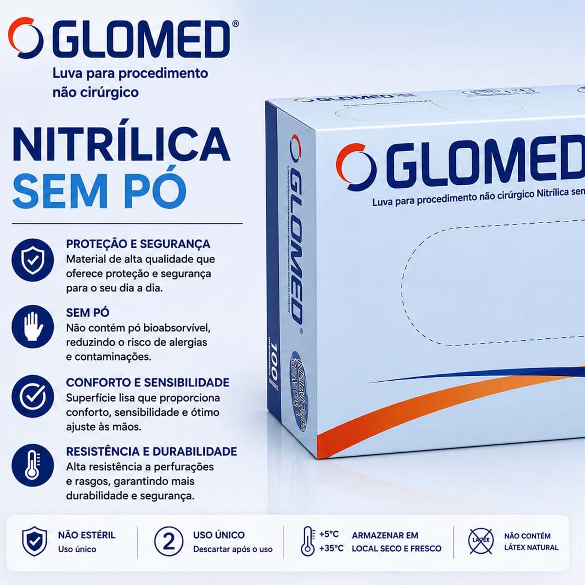 Luva Nitrílica de Procedimento Não Cirúrgico Glomed 100UN Azul